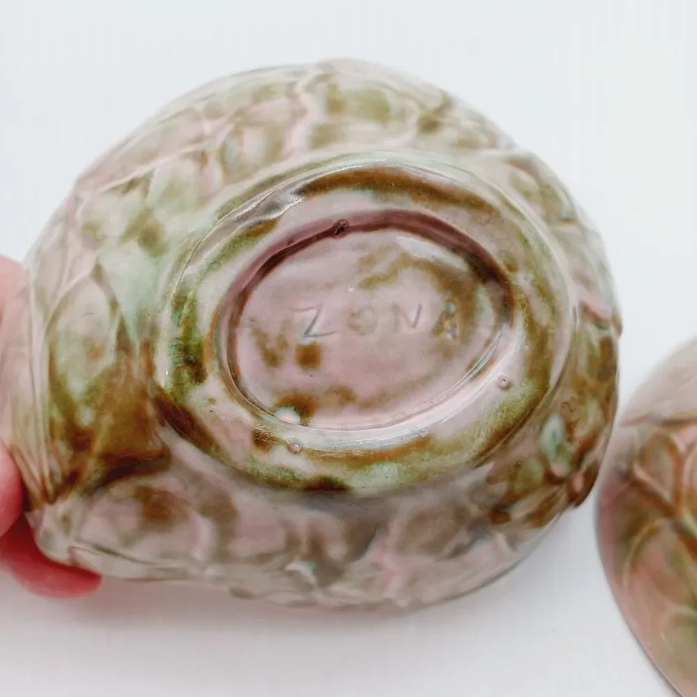 Matching Pair Antique Weller Pottery Zona Leaf Bowls Pink Green Glaze 1920s...